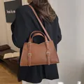 Brown vintage large capacity tote bag with leather texture and silver buckle detailing - Standard Spec / Brown No Pendant
