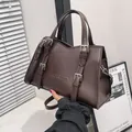 Deep brown faux leather tote bag with buckle straps and branded embossed logo - Standard Spec / Coffee without Pendant