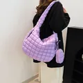Purple quilted puffer cloud bag with matching mini round coin purse and zipper strap - Shoulder Bag And Small Pouch Set / Purple