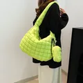 Quilted puffer hobo bag in neon green with detachable round pouch and wide shoulder strap - Shoulder Bag And Small Pouch Set / Green