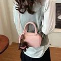 Pink bowling bag with BAUDAI BEAR embossing and a cute brown puppy plush keychain - With Bear Pendant / Pink