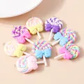 Set of 8 resin lollipop charms with colorful spirals and bows for DIY jewelry making - Multicolor