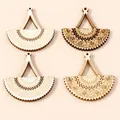 Set of four wooden fan-shaped pendants with geometric mandala patterns for earring DIY - Multicolor