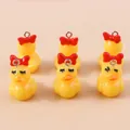 Set of 6 yellow resin ducks with red bows and metal hooks for DIY jewelry making - Bowknot Little Yellow Duck