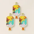 Detail of Chinese lantern alloy charms with rabbit and pavilion enamel patterns - Lantern Style