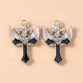 Kreuz- und Flügelanhänger mit Kristallstein und silberner Vintageschicht für DIY-Schmuck - 5 Stück/Packung / Silberschwarz