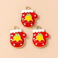 Set of 3 Christmas red glove pendants with golden ring and bell for DIY jewelry making - Christmas Bells Style / Bell Mitten Accessory
