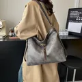 Vintage-Einkaufstasche in Grau mit gewaschener Textur und braunen Lederriemen für Damen - 34*13*30 / Schwarz