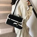 Bolso de hombro retro negro con ribete de piel sintética blanca y mini monedero - Negro / 29*5*18