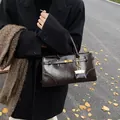 Dark brown large leather tote bag with metal twist clasp and mini bag charm - Brown