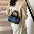 Mini retro bowling bag in blue denim and black leather with COIH 2DN text print - 22x6x13cm / Blue Matching Black