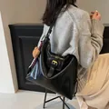 Minimalist black large leather hobo bag with gold buckle and cute bear charm - 30*10*31 / Black