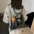 Minimalist black large leather shoulder bag for women with cute brown bear pendant - 30*10*31 / Black With Pendant
