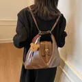Retro dark brown large shoulder bag in glossy leather with a cute plush bear charm - 30*10*31 / Brown With Pendant