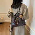 Dark brown leather tote bag with a cute plush bear charm and adjustable shoulder strap - 30*10*31 / Coffee With Charm