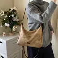 Vintage brown faux suede tote bag with woven handle and adjustable strap for women - Brown