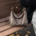 Retro dark brown suede tote bag with chain strap and fashion metal plate detail - Brown