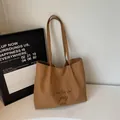 Korean style khaki canvas tote bag with brown letter embroidery and shoulder straps - Style Without Charm / Brown (Without Pendant)