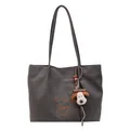 Sac cabas en toile gris foncé avec broderie orange et porte-clés chien en peluche - Gris Foncé (Avec Pendentif)