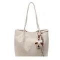 Sac fourre-tout en toile beige avec broderie de lettres et pendentif chien mignon - Blanc Cassé (Avec Pendentif)