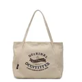 Bolso tote retro de lona crema con estampado de letras y correas de hombro - Caqui