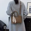 Vintage brown leather crossbody bucket bag with houndstooth silk scarf handle decoration - Brown