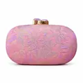 Dettaglio del tessuto jacquard floreale rosa e chiusura dorata con gemme viola - Rosa
