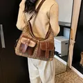 Retro Tweed Umhängetasche mit braunen Kunstledertaschen im britischen College-Stil - Hahnentritt Kaffee