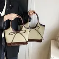 Bolso tote de lona en caqui y marrón con detalle de lazo vintage para mujer - Grande / Caqui Verde
