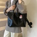 Classic black leather tote bag with large capacity and cute alpaca plush pendant - Large / Black With Rabbit Pendant