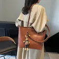 Vintage brown leather tote bag with a rabbit charm and adjustable shoulder strap - Without Pendant / Brown