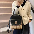 Fashionable black leather and plaid backpack with cute embroidered bear for women - Black