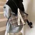 Brown plaid pattern tote bag with chic strap detail and classic vintage aesthetic style - 40*10.5*28 / Plaid Black