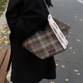 Brown plaid fabric tote bag with leather trim and decorative strap for women - 40*10.5*28 / Plaid Brown