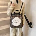 Brown plaid tote bag featuring a cute white plush dog character and black leather straps - Black / 27*10*31