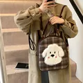Brown plaid tote bag featuring a cute plush dog embroidery and versatile leather straps - Brown / 27*10*31