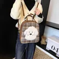 Brown plaid tote bag with cute plush puppy patch and adjustable backpack straps - Brown / 27*10*31