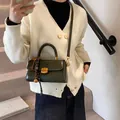 Vintage dark green glossy leather crossbody bag with golden square lock and woven strap - Green with Pendant