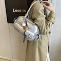 Retro silver metallic bowling bag with multiple pockets and sports charms for women - Silver With Pendant