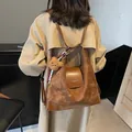 Retro brown large capacity tote bag with bear pendant and adjustable shoulder straps - Brown with Pendant