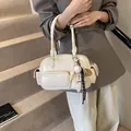 Retro cream white glossy bowling bag with multiple pockets and sports charms for women - White With Pendant