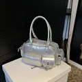 Metallic silver multi-pocket bowling bag with textured finish and industrial hardware - Silver Without Pendant