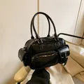Glossy black retro bowling handbag with multiple pockets and functional zippers - Black Without Pendant