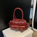 Retro burgundy faux leather bowling bag with multi-pocket design and silver hardware - Red Without Charm