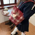 Red plaid wool tote bag with heart pendant charm and red leather strap detail - Red Check