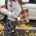 Brown plaid wool tote bag with leather handles and white heart charm for winter style - Khaki Plaid
