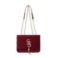 Borsa a tracolla in velluto bordeaux con trapuntatura a V e nappa dorata - Rosso