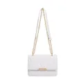 White quilted crossbody bag with gold chain strap and elegant metallic buckle detail - White