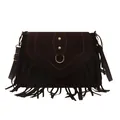 Dark brown bohemian crossbody bag with rivets, fringe details and gold ring buckle - Coffee