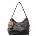 Bolso bandolera retro gris con correas de cuero marrón y un colgante de oso de peluche suave - Con Colgante / Negro